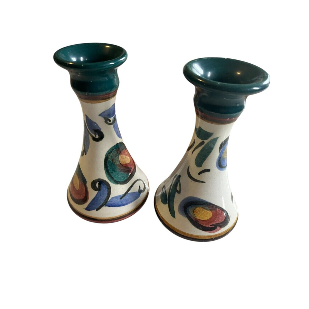 Vintage Signed Studio Pottery Candle Stick Holders Floral Hand Painted Glazed